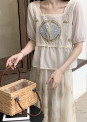 Real shot of new Chinese square-neck embroidered chiffon shirt for women's summer clothes new temperament short-sleeved shirt chic short style