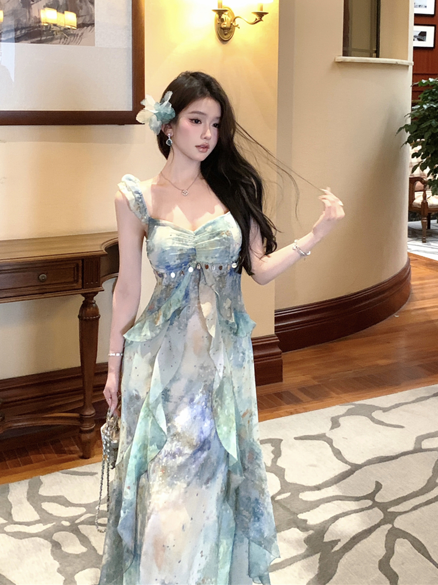 實拍復古性感V領吊帶氣質收腰顯瘦連衣裙長裙女