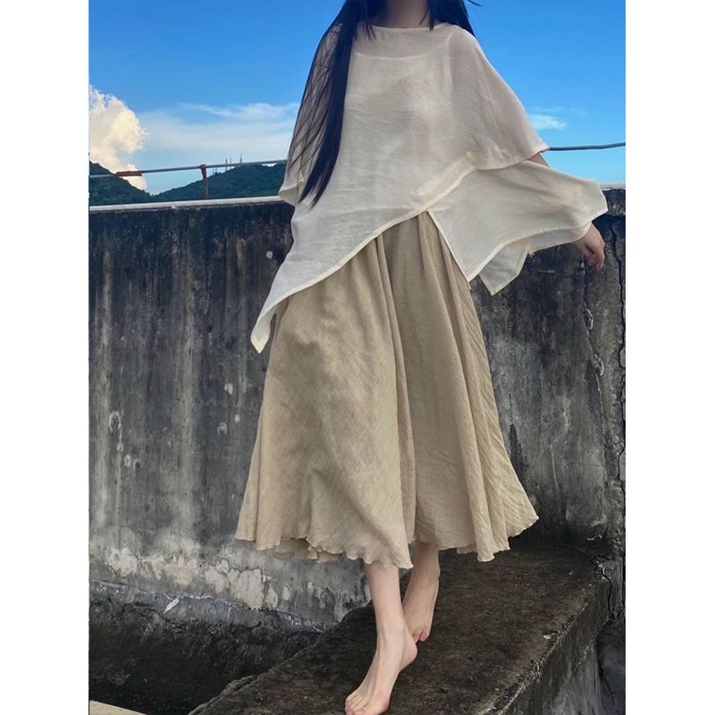 Cold and artistic double-layer cotton and linen large hem skirt versatile solid color skirt slim long skirt spring and summer