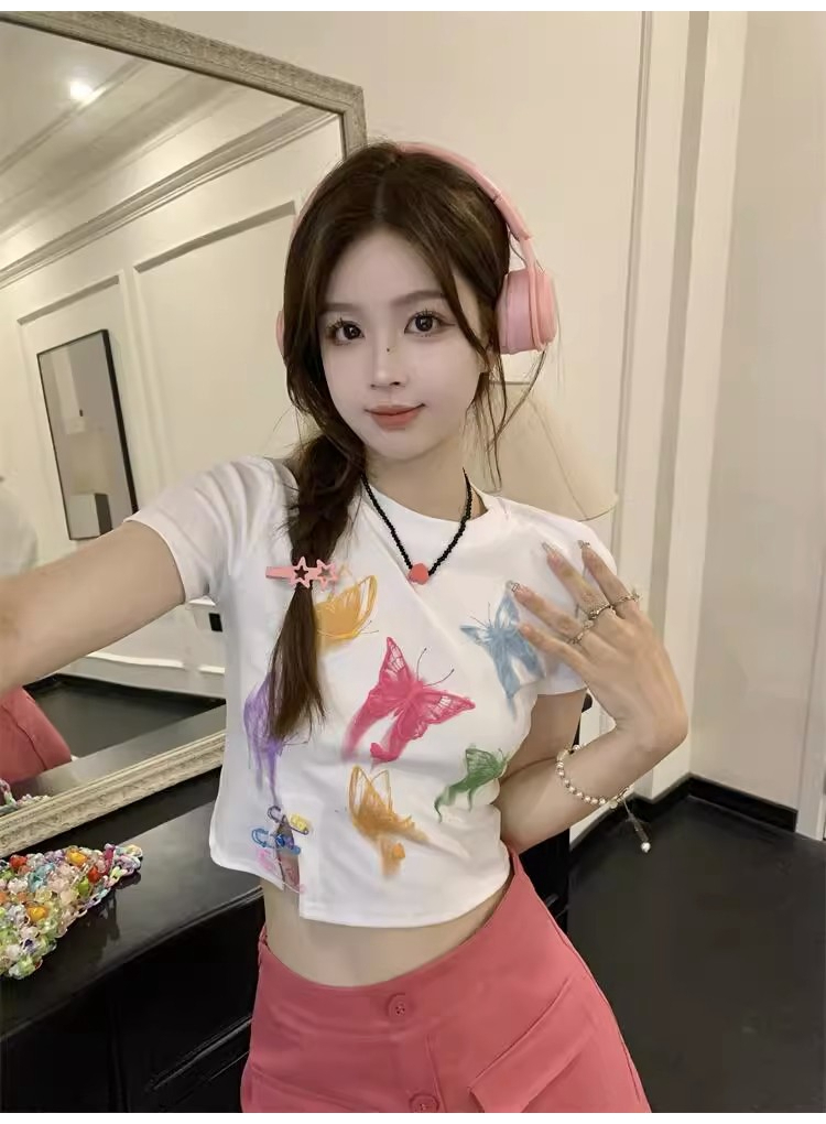 韓國外貿韓版夏季新款配別針美式辣妹小個子蝴蝶印花百搭上衣