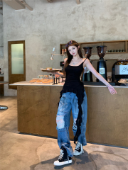 Real shot!  Wasteland style American retro ripped jeans for women loose and old design floor pants trendy