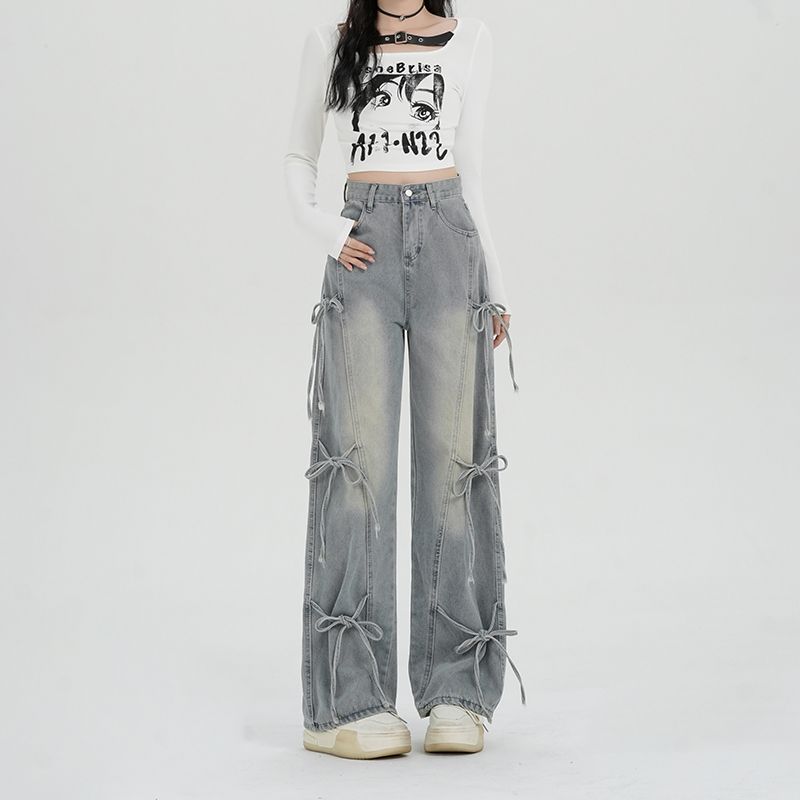 Real shot~Retro bow tie high waist wide-leg jeans for women with loose straight trousers