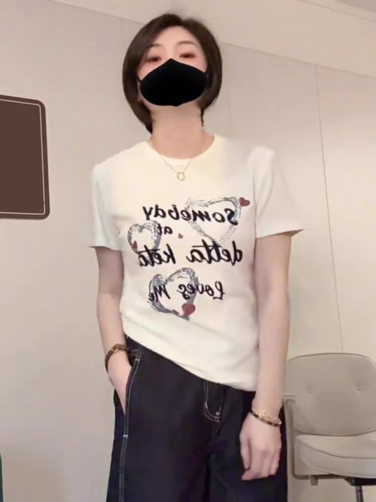 2025 printed front shoulder short-sleeved T-shirt for women in summer new niche American pure cotton slim T-shirt top