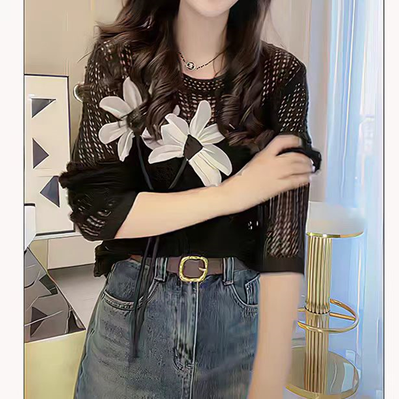 New summer thin round neck pullover three-dimensional flower hollow sweater long sleeve blouse slim top for women