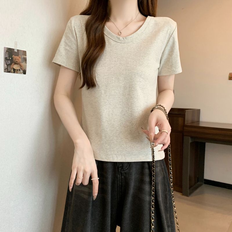 實拍V領t恤女短袖新款修身顯瘦內搭純棉正肩打底半袖上衣體恤