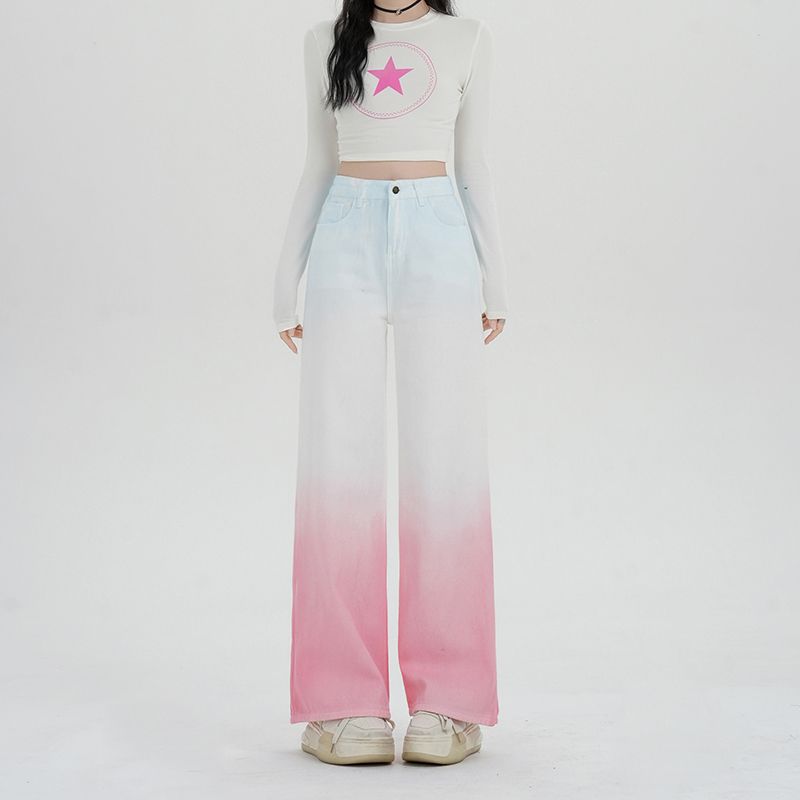 Real shot ~ Dopamine wash gradient straight jeans for women 2025 spring new high-waist wide-leg trousers