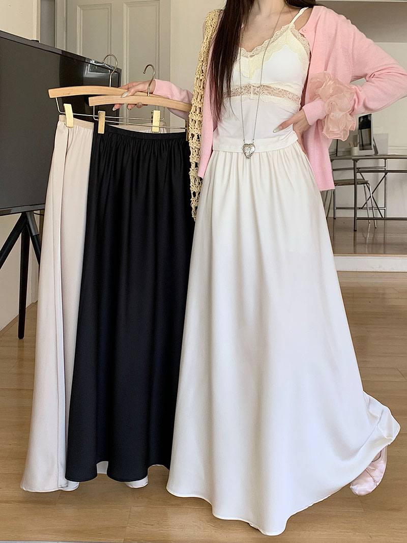 Real shot~2025 new Korean satin skirt draped and slim A-line skirt versatile midi skirt women's skirt