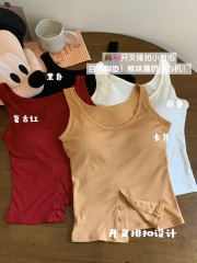 Real photo of hot girl style design button suspender vest with chest pad solid color slit inner top