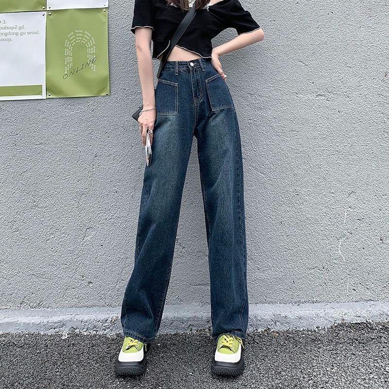 American retro straight wide-leg jeans for women with high waist 2025 spring and summer loose droop drawstring pear-shaped body pants