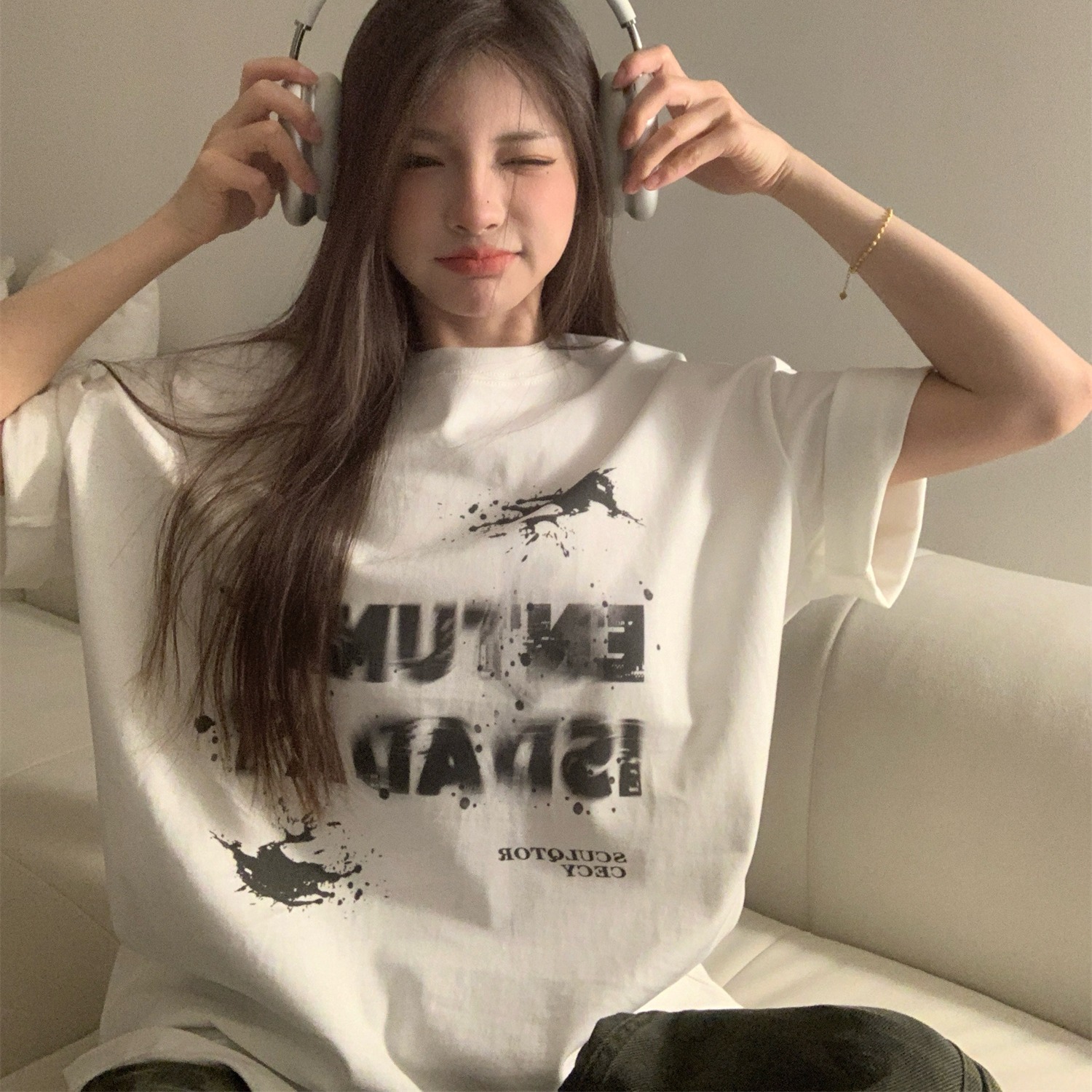 200g combed and tight-fitting sprinkler, pure cotton backpack, spring and summer loose shoulder printed short-sleeved T-shirt