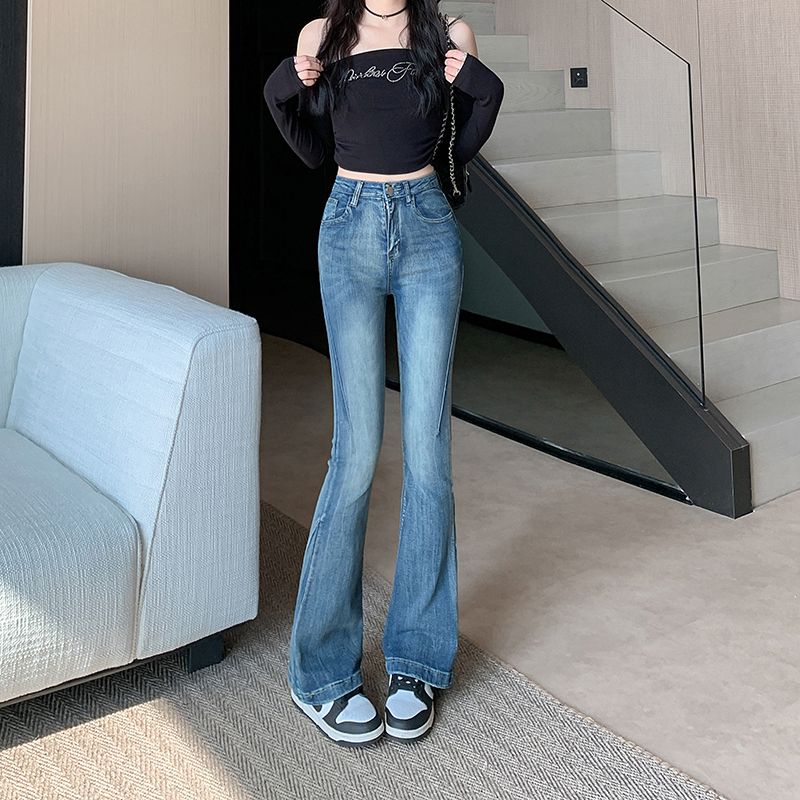 Real shot~Retro jeans for women in spring new high-waist loose slim design horseshoe pants