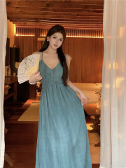 實拍復古性感V領新中式掛脖收腰顯瘦吊帶連衣裙長裙女