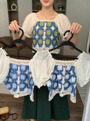 Imitation denim embroidered floral square collar chiffon spliced ​​sweater for women in summer hollowed-out niche gentle top