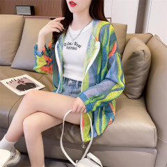 Real photo of ice silk air conditioner shirt thin mid-length loose cardigan zipper sun protection jacket hooded jacket for women