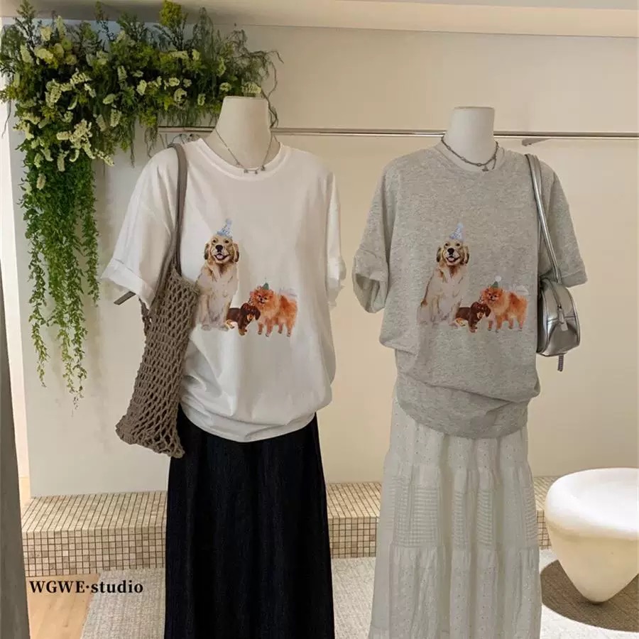 200g combed and tight-fitting sprinkler, pure cotton backpack, spring and summer loose shoulder printed short-sleeved T-shirt