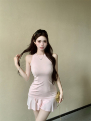 實拍~粉色無袖背心連衣裙女顯身材緊身收腰顯瘦包臀短款裙子