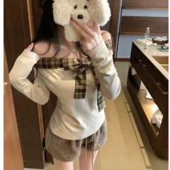 Mousse cashmere ribbed plaid patchwork grinding lace-up bow one-length neck long-sleeved T-shirt