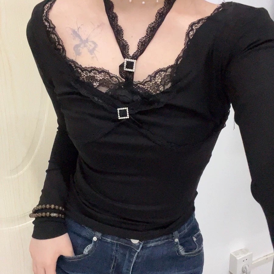Korean pure and lustful temperament, autumn and winter gentle neck halter diamond button lace top, inner and outer base shirt