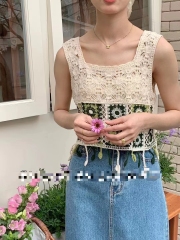 Retro forest embroidered flower hollow blouse knitted suspender vest for women in summer design short top