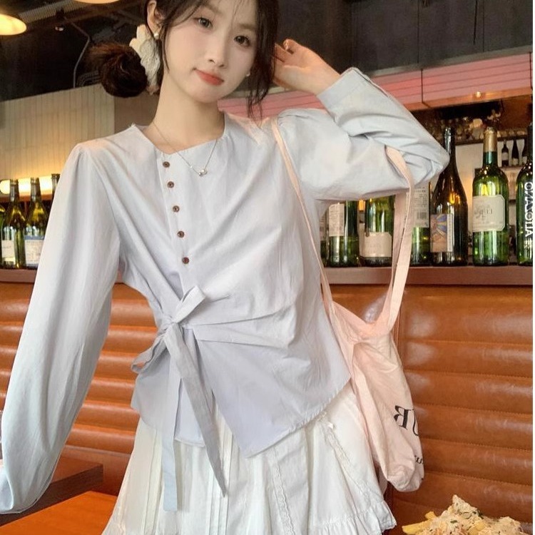 French irregular side straps long-sleeved shirt for women in early spring new design pure and niche unique top