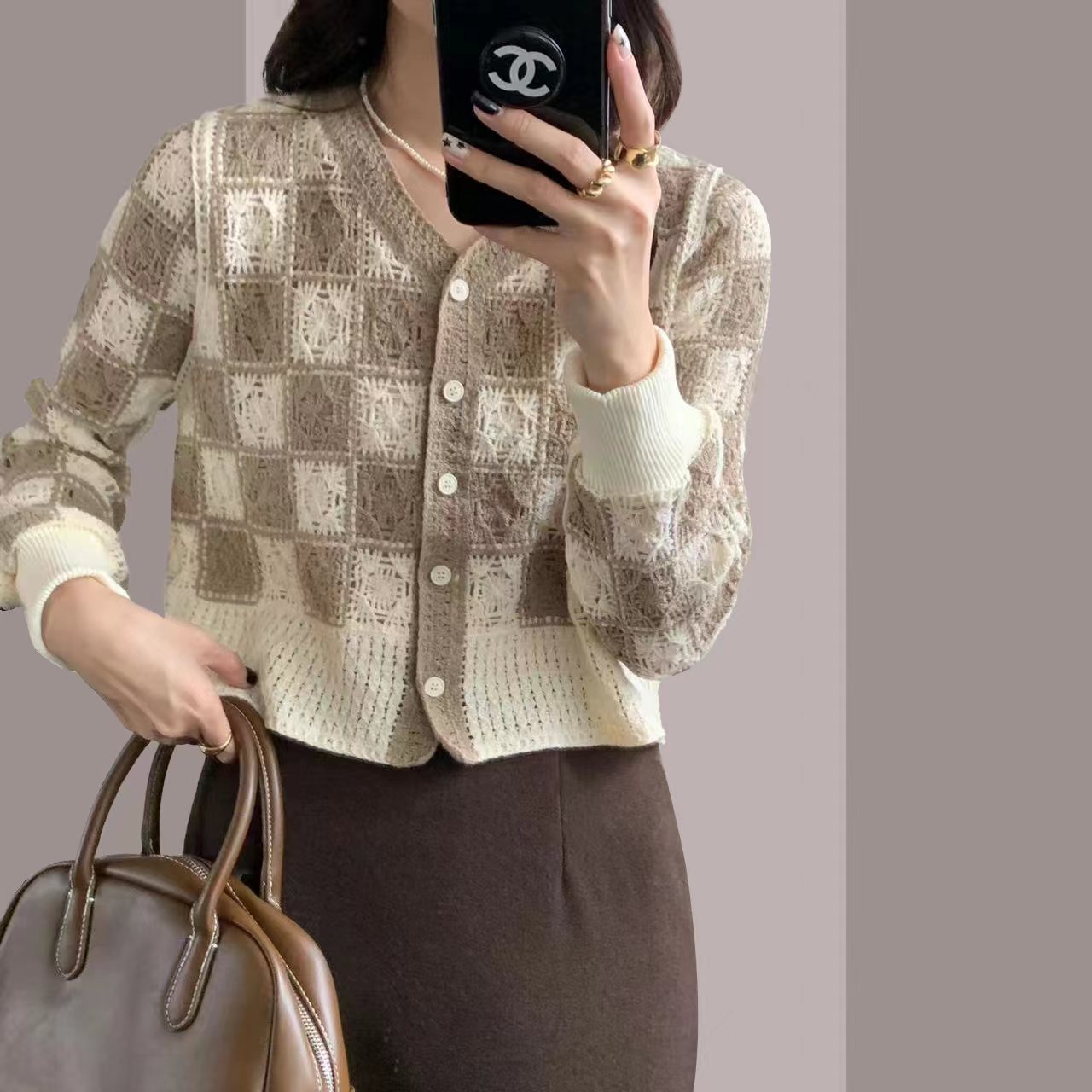 Spring retro plaid hook-in-length knitted sweater high-quality threaded cuffs women's top
