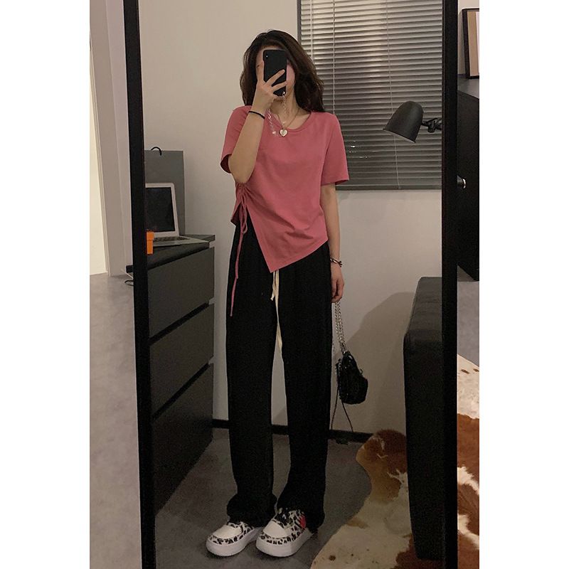 韓國外貿韓版新款原版短款t恤女夏季短袖抽繩不規則高腰
