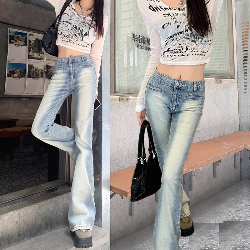 Retro nostalgic low waist micro-flare jeans for women in spring and summer hot girls design sense high street contrasting color floor horseshoe pants