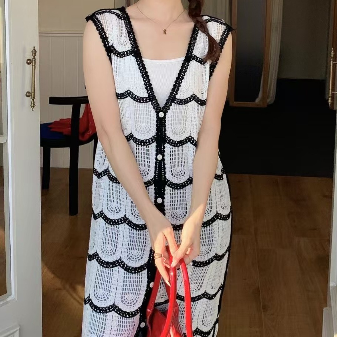 New Bohemian retro vacation style heavy industry hook flower hollow suspender vest dress versatile layering trend