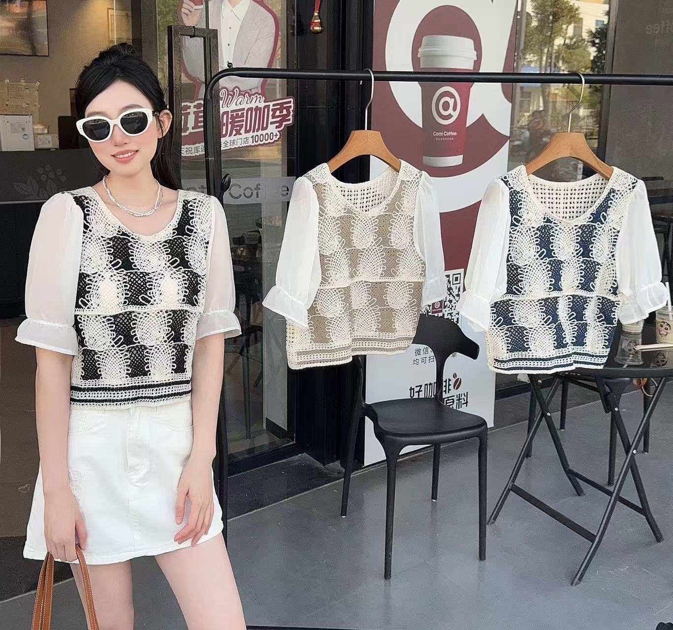 2025 summer new embroidered knitted fake two-piece short-sleeved knitted women's small crochet hollow puff sleeve top