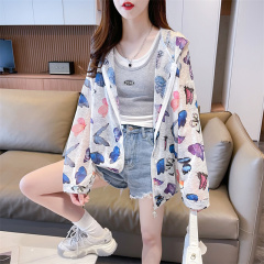 Real photo of ice silk nano silk thin medium length loose cardigan zipper sun protection jacket for women