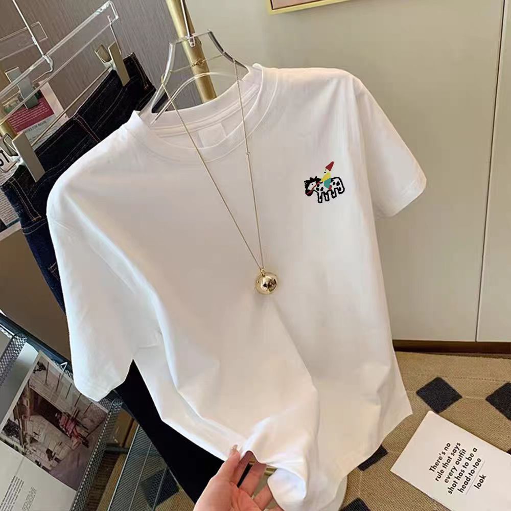 200g combed and tight-fitting sprinkler, pure cotton backpack, spring and summer loose shoulder printed short-sleeved T-shirt