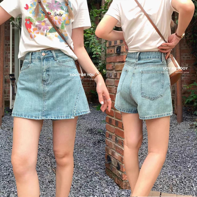 2025 new spring and summer nostalgic irregular jeans skirt for women high waist A-line skirt small versatile slim shorts