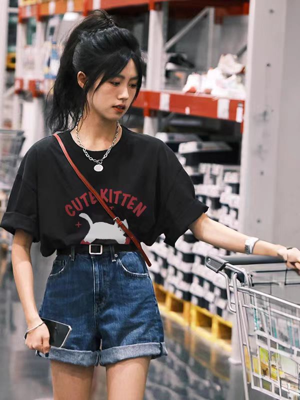 200g combed and tight-fitting sprinkler, pure cotton backpack, spring and summer loose shoulder printed short-sleeved T-shirt