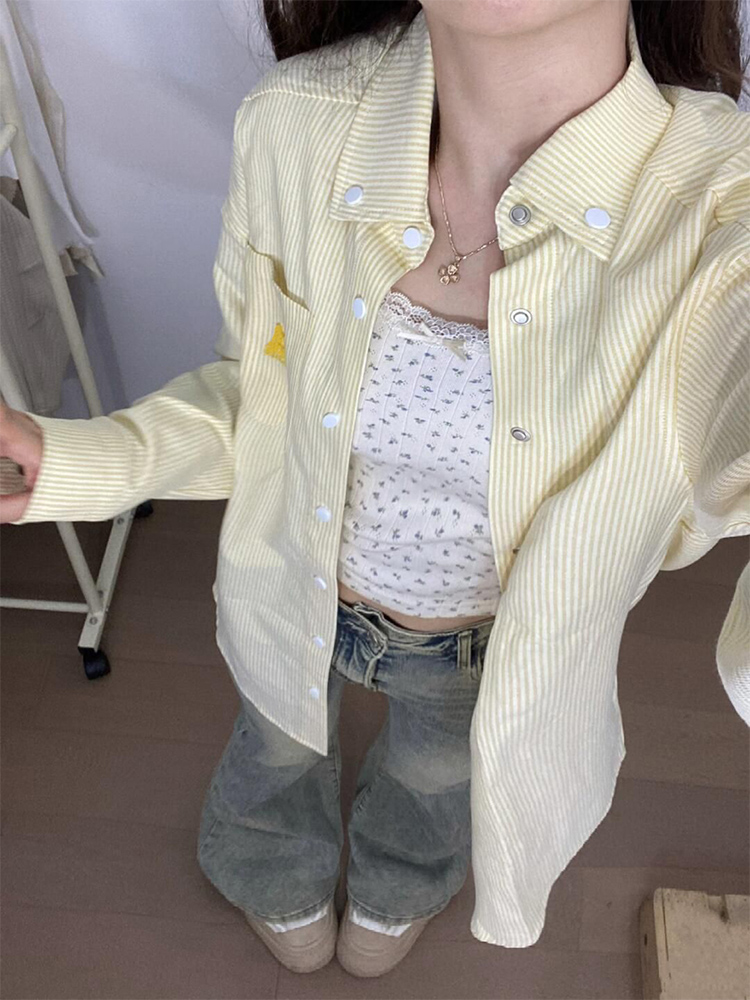 Original fabric + toothbrush embroidered American retro yellow striped Polo collar shirt jacket for women spring and autumn