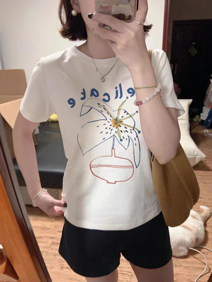 2025 printed front shoulder short-sleeved T-shirt for women in summer new niche American pure cotton slim T-shirt top