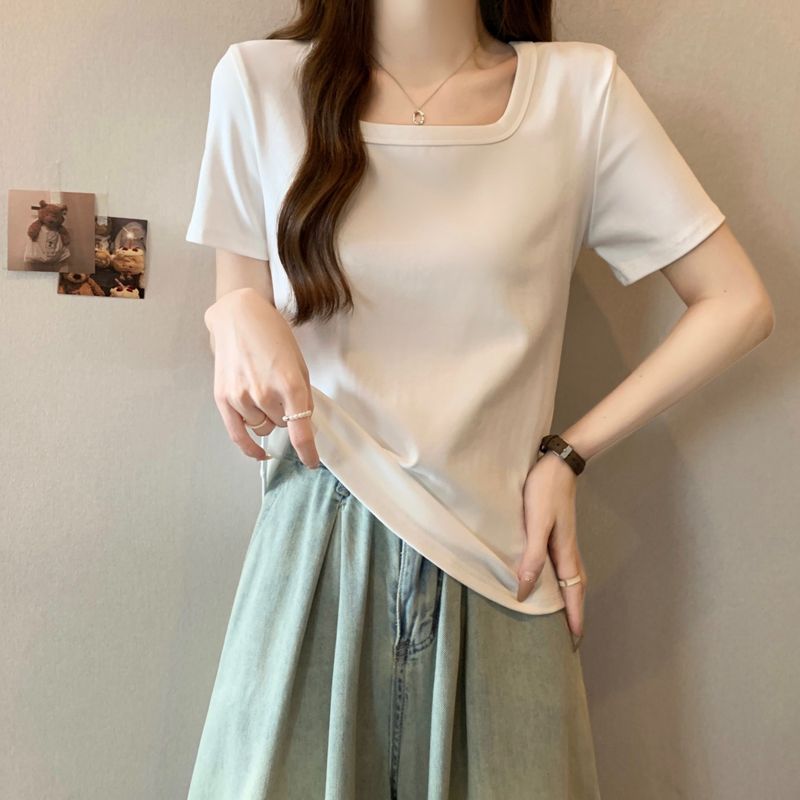 實拍方領t恤女短袖新款修身顯瘦內搭純棉正肩打底半袖上衣體恤