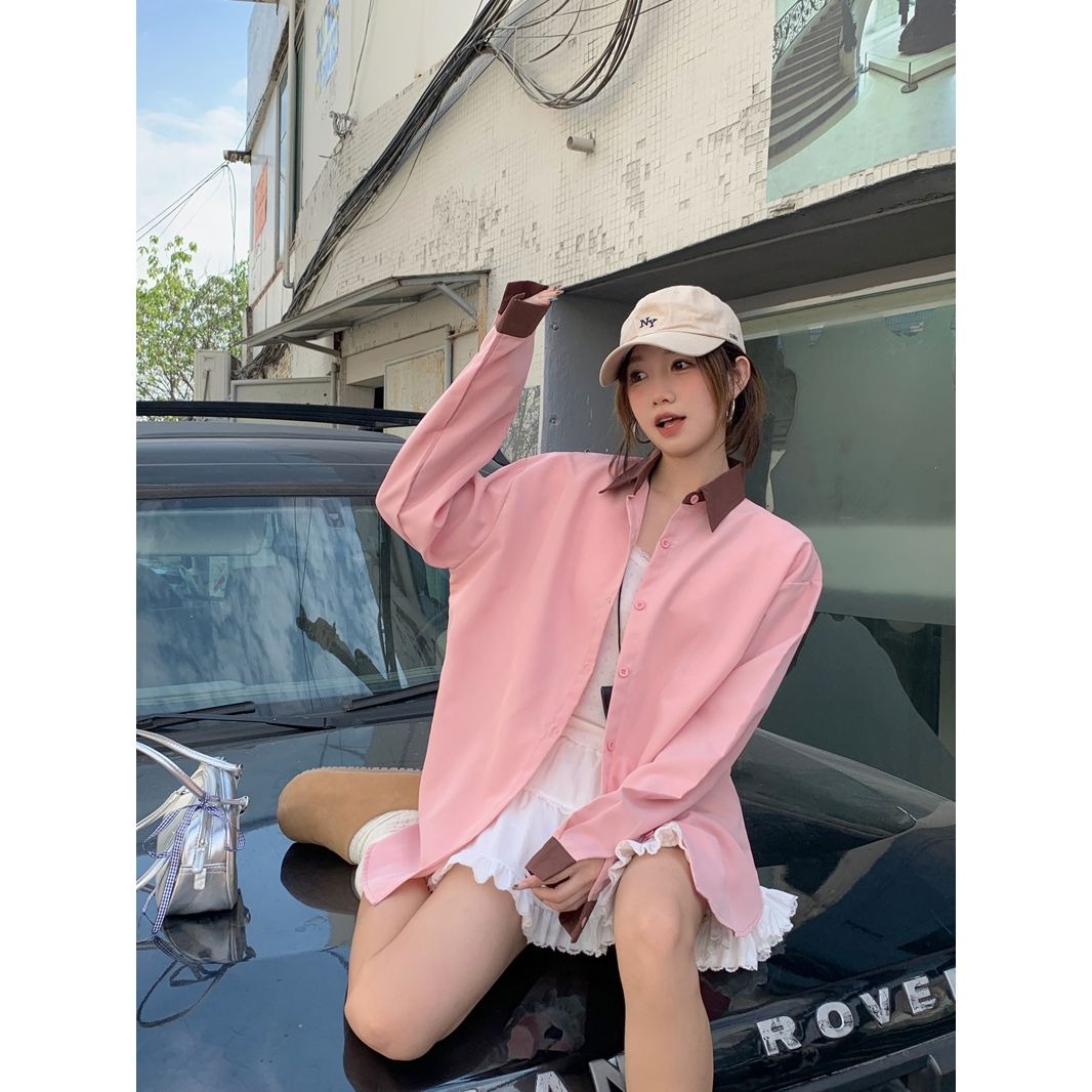 韓系別致撞色襯衫外套女裝長袖2025春季新款設計感polo領粉色上衣