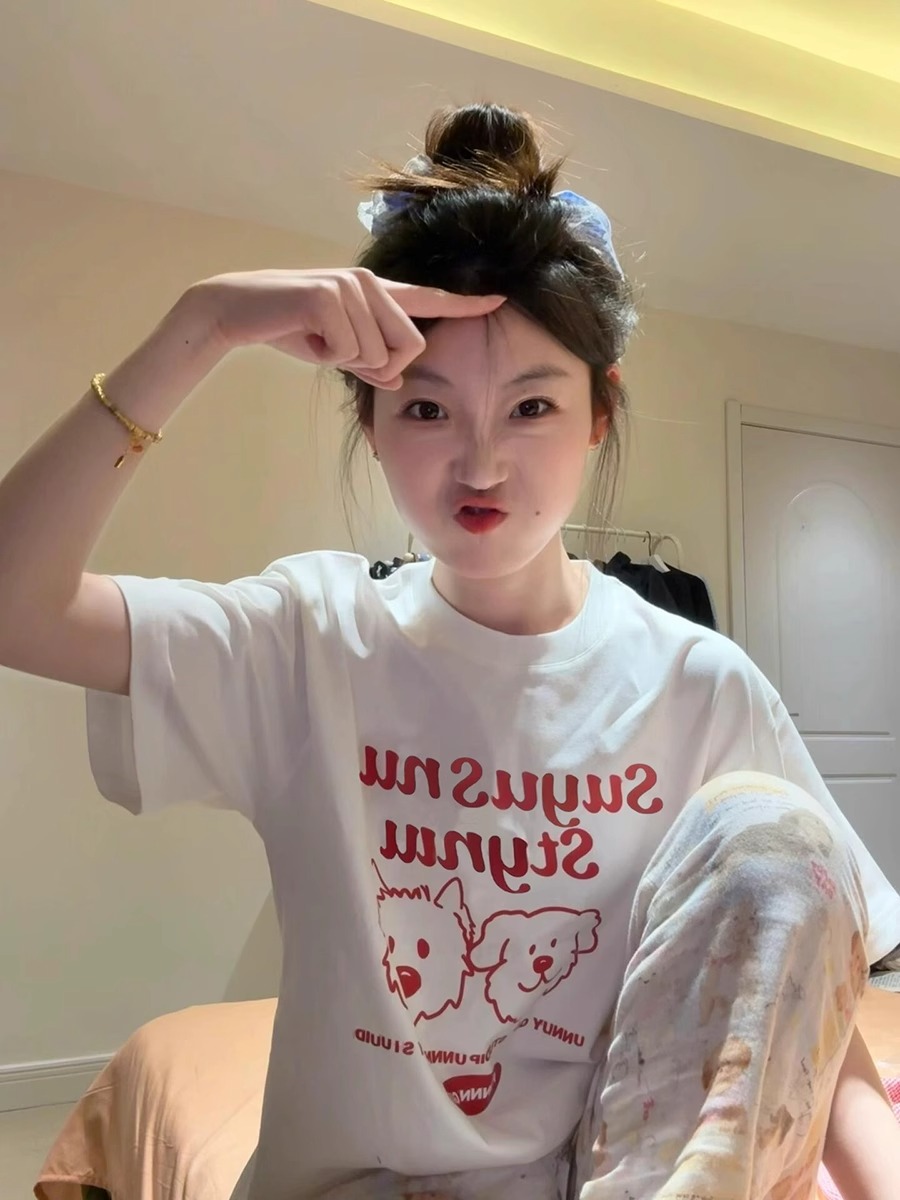 200g combed and tight spun in 2025, pure cotton back bag strip, spring and summer loose shoulder printed short-sleeved T-shirt