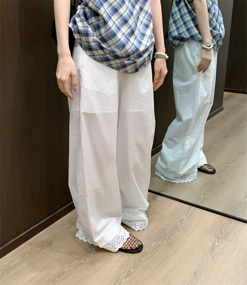 Real shot Korean simple and versatile lace spliced ​​thin wide-leg pants