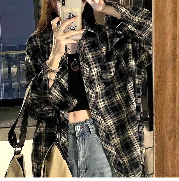American retro plaid shirt women's design loose long-sleeved shirt jacket