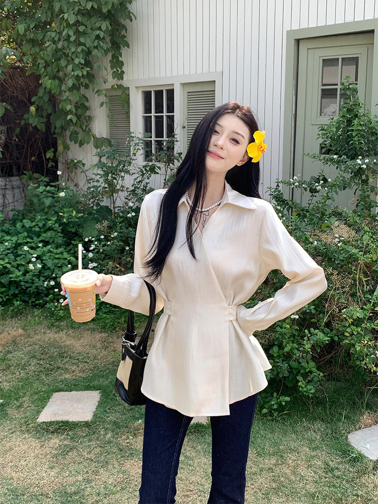 實拍 韓chic簡約春夏人手一件氣質珠光收腰顯瘦系帶顯瘦襯衫