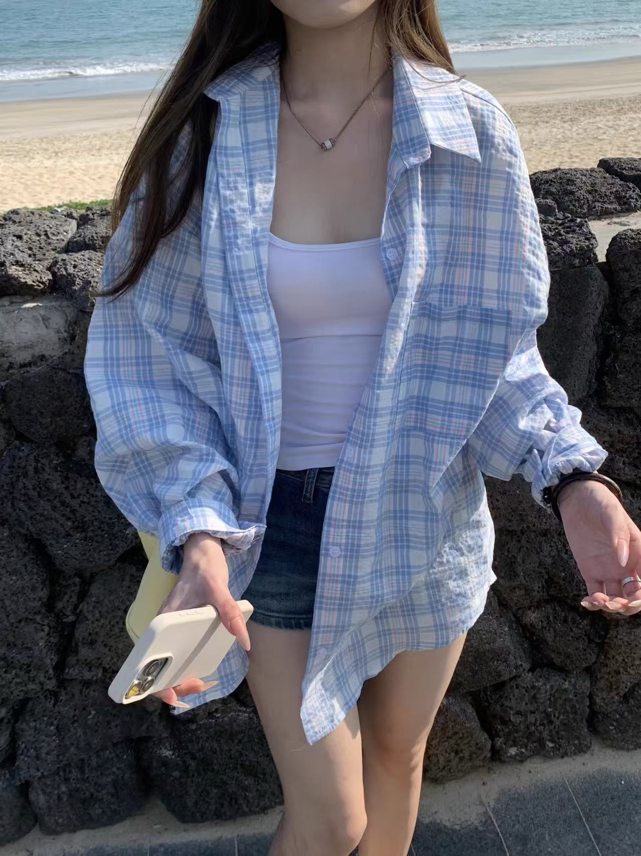 2025 Korean version of fresh and sweet plaid blue shirt for women in summer lazy style sun protection jacket