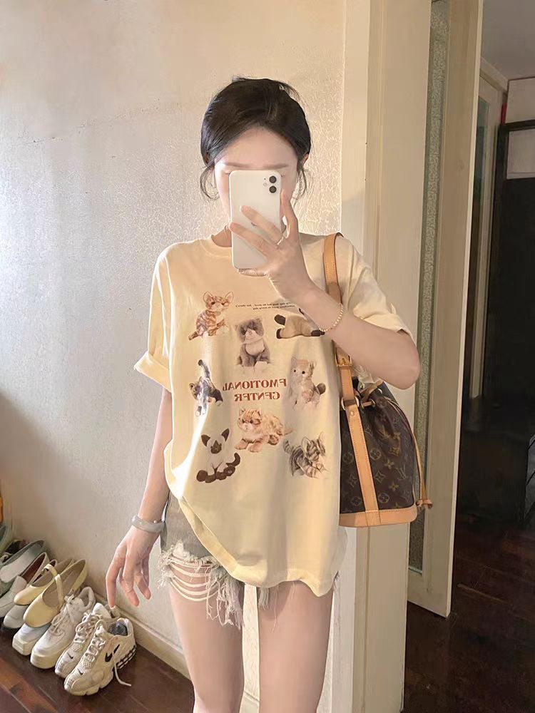 200g combed and tightly sequinated pure cotton back bag strips Spring and summer loose shoulder printed short-sleeved T-shirt