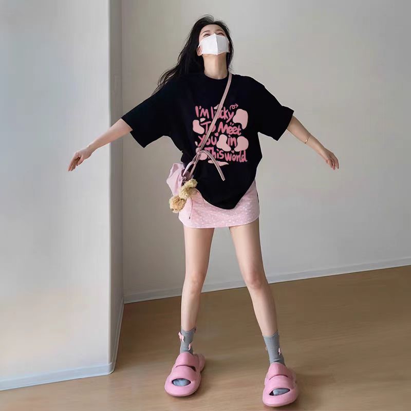 200g combed and tight spun in 2025, pure cotton back bag strip, spring and summer loose shoulder printed short-sleeved T-shirt