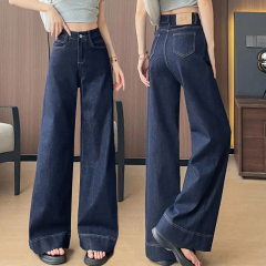 Deep blue original color not faded high waist wide-leg bell-bottom pants for women in autumn and winter new style slimming drooping jeans