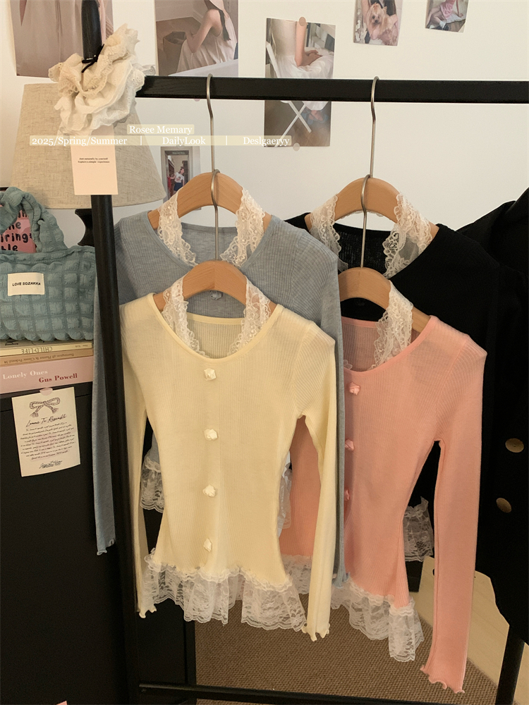 Real shot of 25 years spring dress lace halter neck earrings three-dimensional flower long sleeve sweater women irregular top