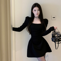 Women's Korean style pure and simple solid color square collar long sleeve autumn new style waist-hugging gentle style A-line short skirt