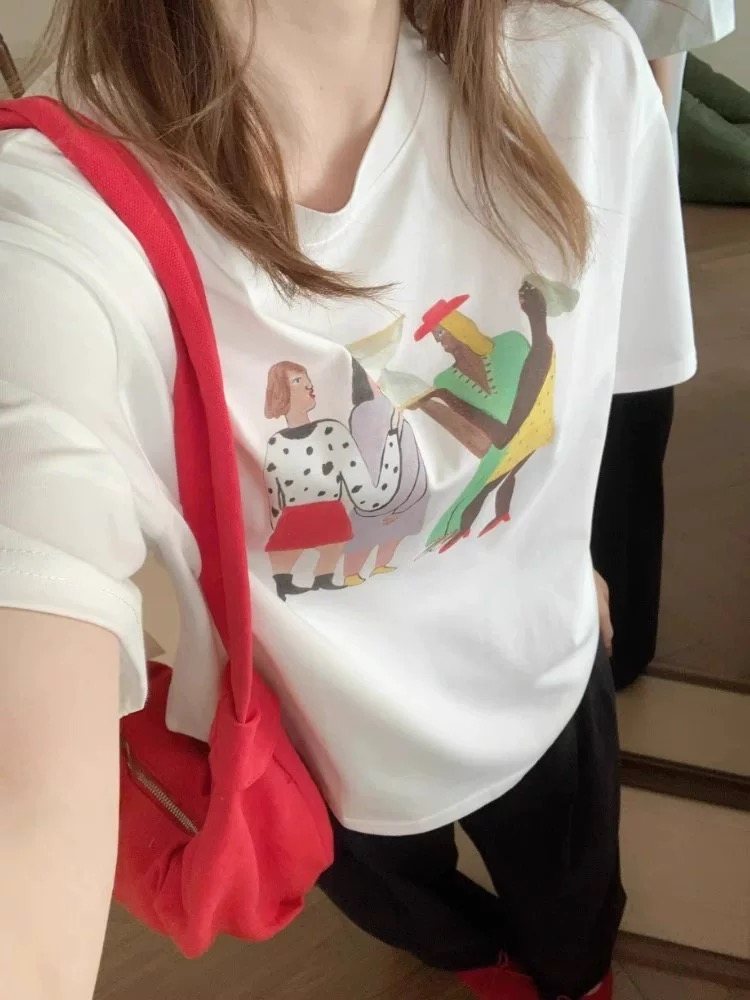 200g combed and tight-fitting sprinkler, pure cotton backpack, spring and summer loose shoulder printed short-sleeved T-shirt