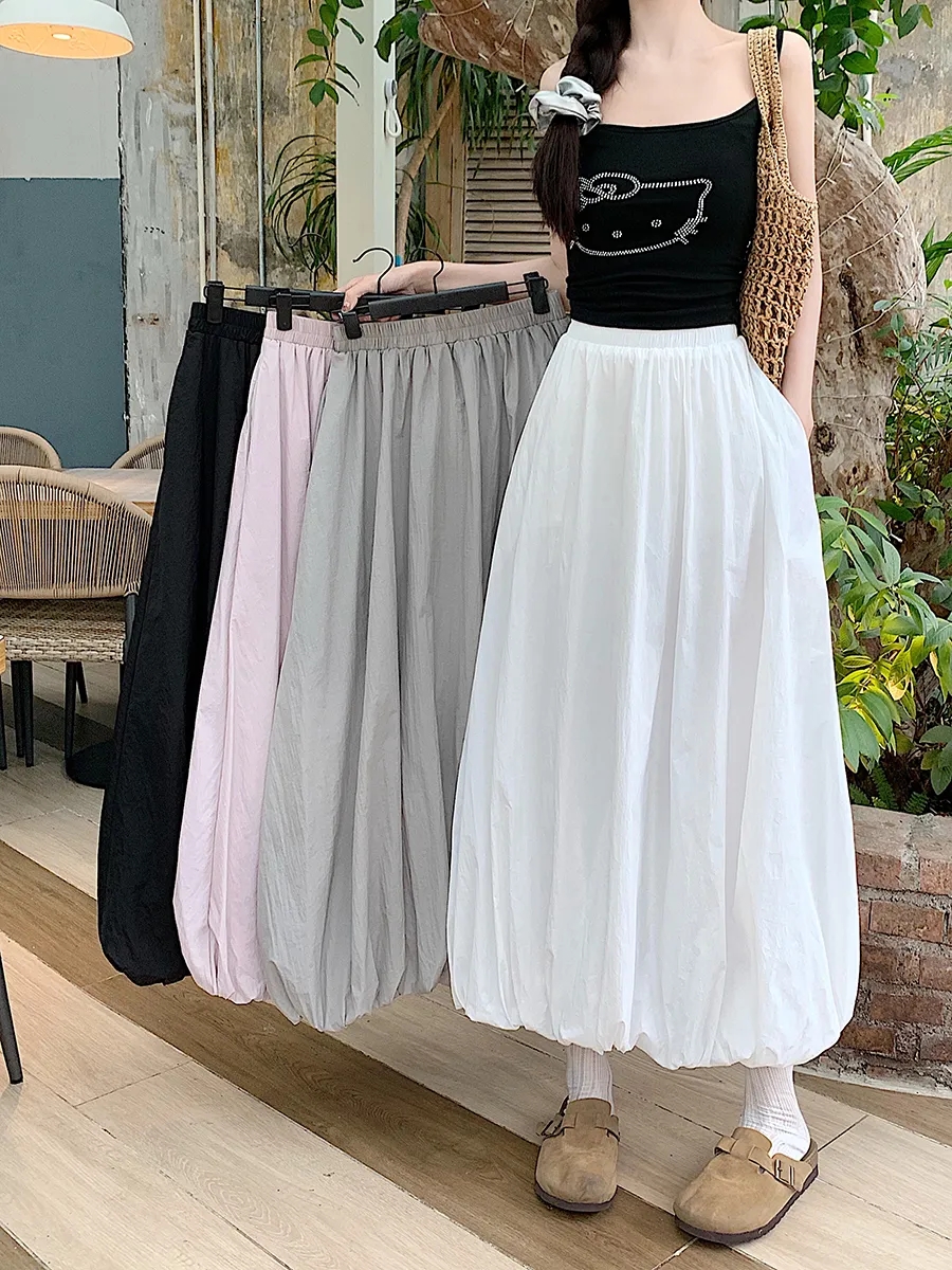 Purple flower bud high-waisted skirt new spring and summer mid-length A-line umbrella skirt pocket design lantern skirt
