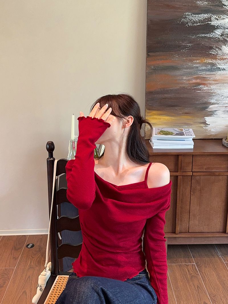 Modal cotton fake two-piece off-shoulder spliced ​​long-sleeved sweater for women 2025 spring fungus base top